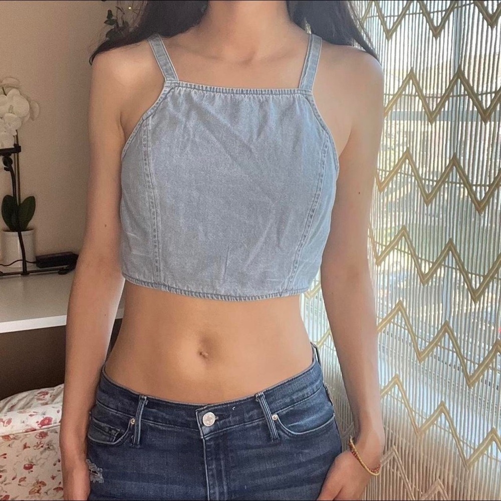 Blue Denim Cropped Halter Tank Top